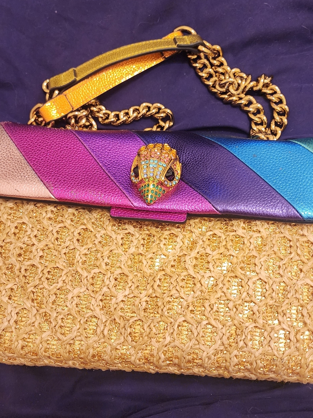 Kurt Geiger Multicolor Woven Straw Shoulder Bag with Jewel Accent